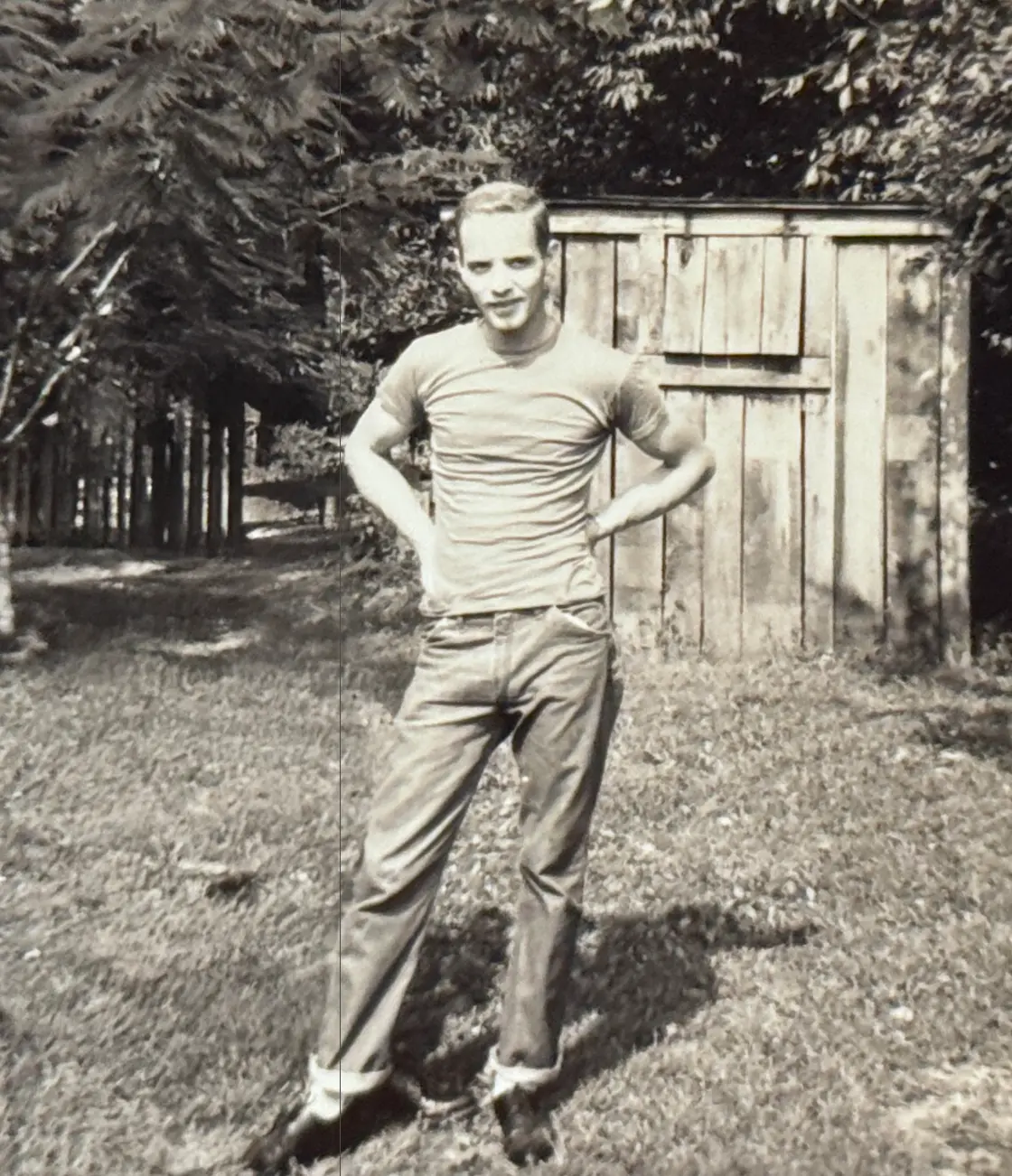 james douglass breeding standing outside, circa 1955